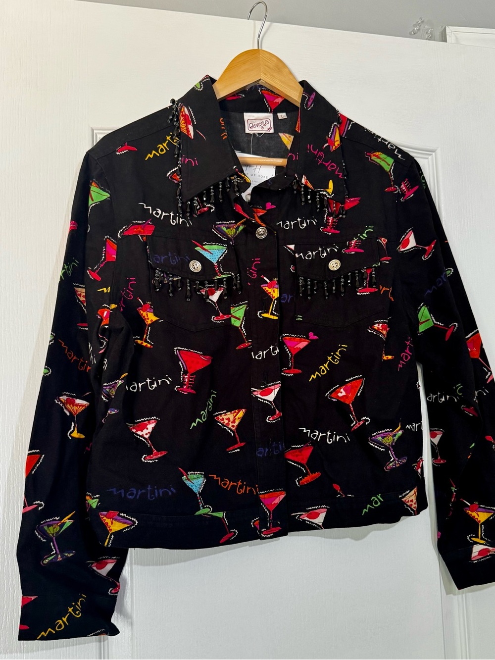 Quacker Factory Black Martini Print Button-Down Shirt Jacket Beaded Collar Artsy